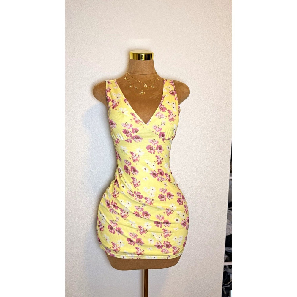 Women's Size S Regular Yellow/Purple Floral V-Neck Strappy Bodycon Mini Dress